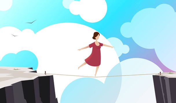 Woman walking over gap on a tightrope - Vector, Image