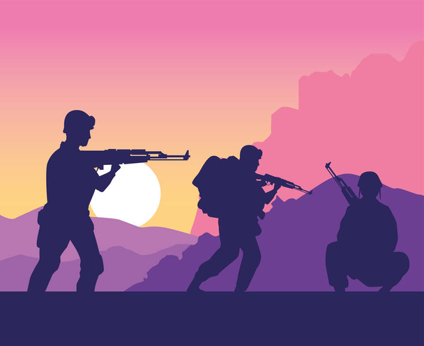 Soldaten Figuren Silhouetten bei Sonnenuntergang Szene - Vektor, Bild