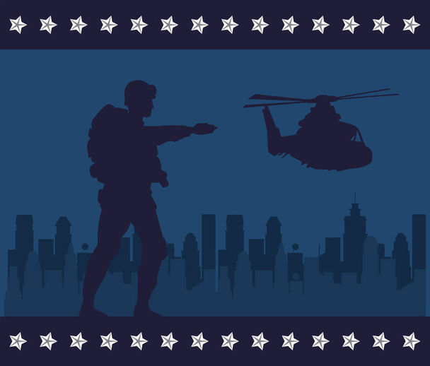 солдат з рушницею і силуетом вертольота на міському фоні
 - Вектор, зображення