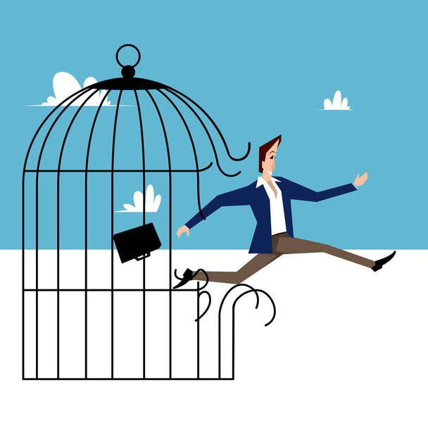 Man breaks a birdcage and frees himself - Vector, Image