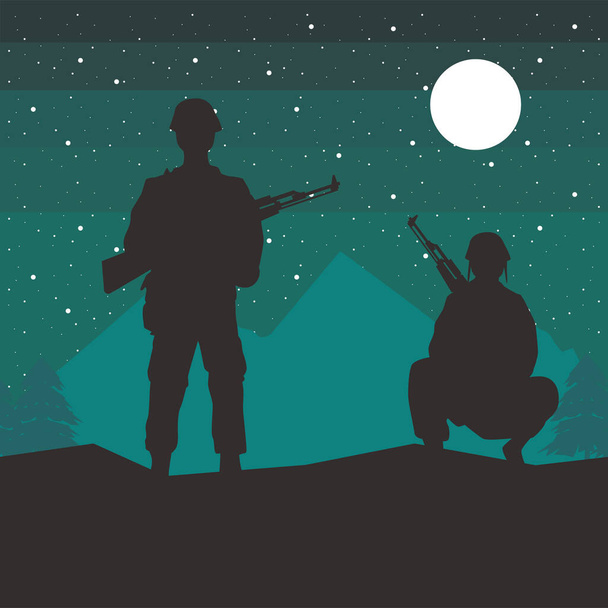 soldados figuras silhuetas na cena da noite
 - Vetor, Imagem