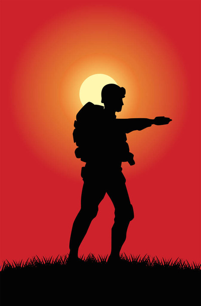 soldaat figuur silhouet in zonsondergang scène - Vector, afbeelding