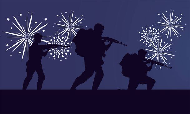 soldados figuras silhuetas e fogos de artifício cena
 - Vetor, Imagem