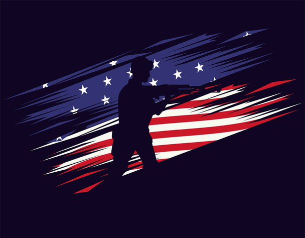 στρατιώτης με τουφέκι σιλουέτα φιγούρα στο φόντο σημαία ΗΠΑ - Διάνυσμα, εικόνα