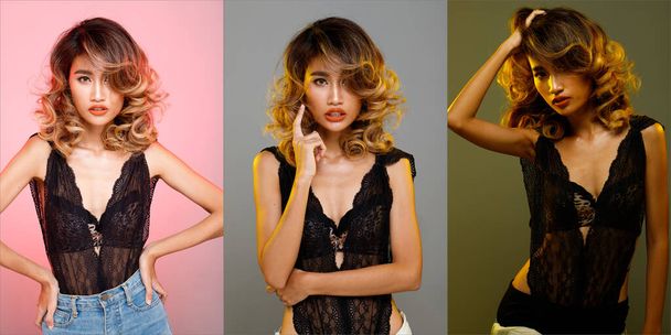 Коллаж группы Face Head Shot Portrait of 20s Asian Woman black blonde curl hair style fashion Make up. Девушка носить кружева сексуальное платье выразить чувство позе смотрит на розовый серый зеленый фон изолированы - Фото, изображение