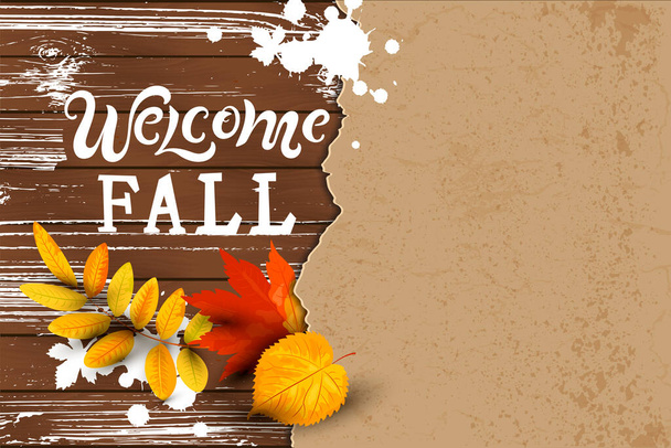Welcome fall hand drawn lettering on dark wood background with  falling leaves, paper sheet. Place for text. Great for party invitation, sale, fall festival, poster. Vector illustration. - Vektor, Bild