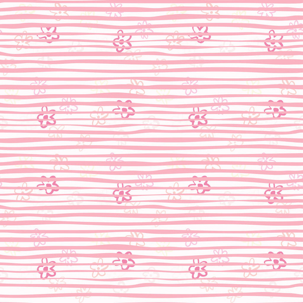 Florales nahtloses minimalistisches Muster mit kleinen Gänseblümchen. Weißer Hintergrund mit rosa Streifen. Perfekt für Tapeten, Packpapier, Textildruck, Stoff. Vektorillustration. - Vektor, Bild