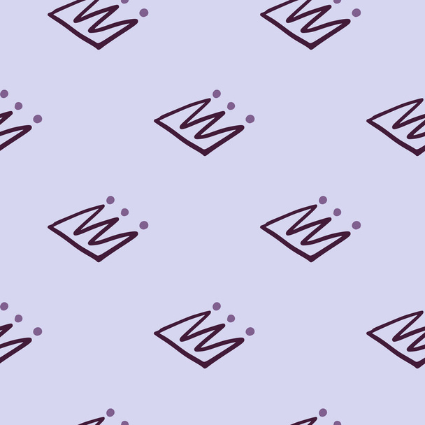 紫の王冠のシルエットとミニマリズムシンプルなシームレスパターン。ライトブルーの背景。壁紙、包装紙、テキスタイルプリント、生地のための装飾的な背景。ベクターイラスト. - ベクター画像