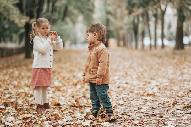 klein broertje en zusje in herfstpark, herfstseizoen - Foto, afbeelding