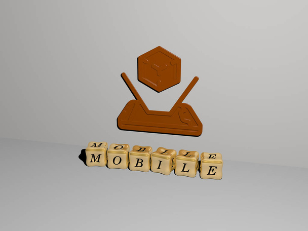 3D-esitys MOBILE kuvaketta seinällä ja tekstin järjestetty metallinen kuutiometriä kirjaimia peililattialla käsitteen merkitys ja diaesitys esitys. kuva ja muotoilu - Valokuva, kuva