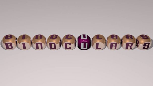 BINOCULARS gecombineerd met dobbelstenen letters en kleur kruising voor de verwante betekenissen van het concept. illustratie en achtergrond - Foto, afbeelding