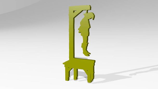 hanged man on gallows pole stand with shadow. 3D illustration of metallic sculpture over a white background with mild texture. wall and blue - Photo, Image