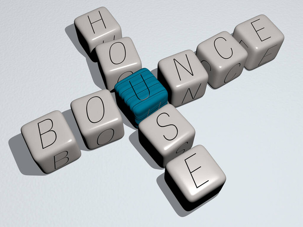 kruiswoordpuzzels van stuiterend huis gerangschikt door kubieke letters op een spiegelvloer, concept betekenis en presentatie. illustratie en achtergrond - Foto, afbeelding