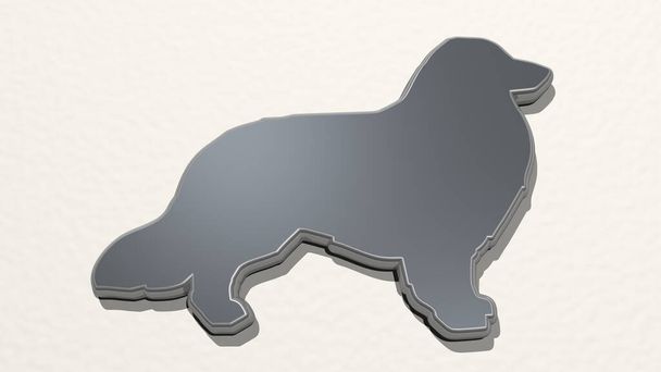 koira tehty 3D-kuva kiiltävä metallinen veistos seinällä kevyellä taustalla. eläinten ja söpö - Valokuva, kuva