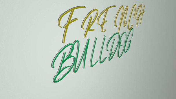 Representação 3D de FRENCH BULLDOG com ícone na parede e texto dispostos por letras cúbicas metálicas em um piso espelho para significado conceito e apresentação slideshow. frança e antecedentes
 - Foto, Imagem
