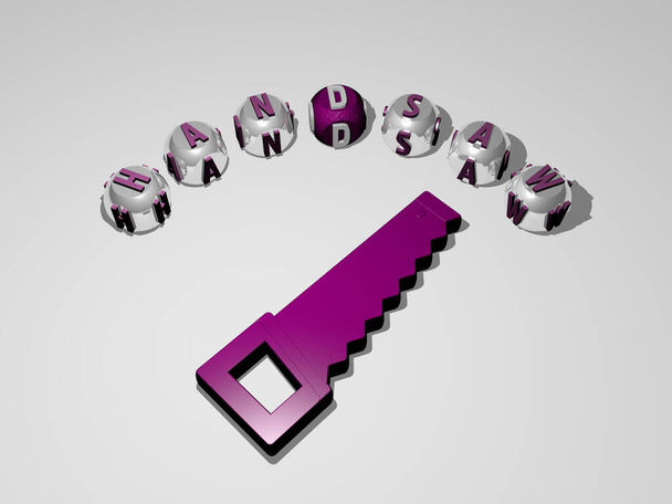 Representación 3D de HANDSAW con icono en la pared y texto dispuesto por letras cúbicas metálicas en un piso espejo para el significado del concepto y presentación de diapositivas. carpintero y construcción - Foto, imagen