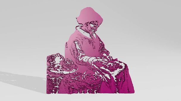 OLD WOMAN KNITTING Stand mit Schatten. 3D-Illustration einer metallischen Skulptur auf weißem Hintergrund mit milder Textur. Architektur und Bauwesen - Foto, Bild