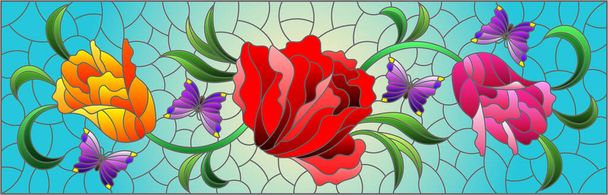 Illustrazione in stile vetrate con una disposizione floreale di tulipani e farfalle su sfondo blu, orientamento orizzontale - Vettoriali, immagini