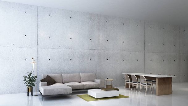 Schöne minimalistische Wohnzimmer und Esstisch in modernen Haus mit doppelter Waschtisch, weiße Wand, Sofa, Tisch, Beistelltisch und Fliesenboden und Betonwand Textur - Foto, Bild