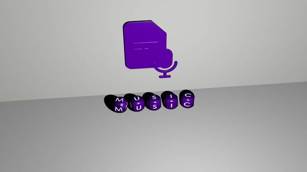 Representação 3D de MÚSICA com ícone na parede e texto dispostos por letras cúbicas metálicas em um piso espelho para significado conceito e apresentação slideshow. ilustração e fundo
 - Foto, Imagem