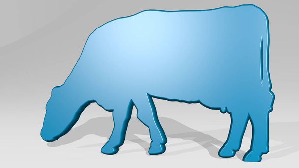 Корова с точки зрения тени. Толстая скульптура из металлических материалов 3D рендеринга. животное и иллюстрация - Фото, изображение