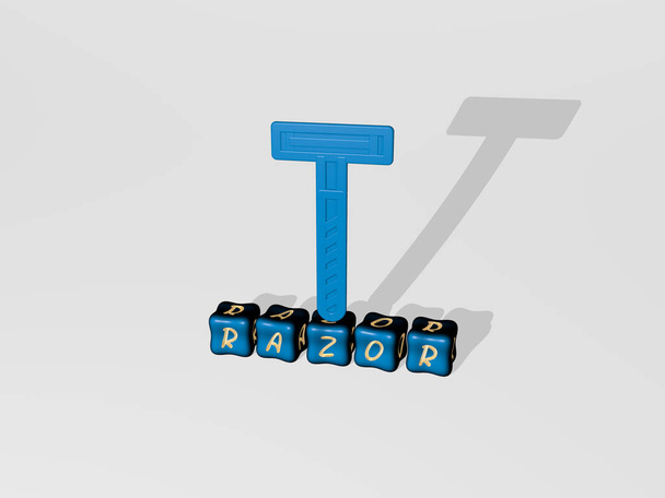 3D-grafisches Bild von RAZOR vertikal zusammen mit Text, der aus metallischen kubischen Buchstaben von oben zusammengesetzt wurde, hervorragend für die Konzeptpräsentation und Diashows. Friseur und Bart - Foto, Bild