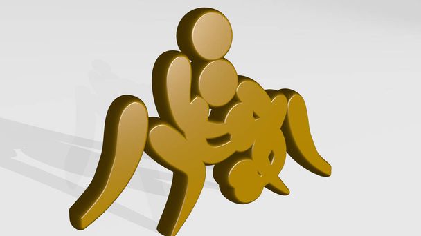 men wrestling made by 3D illustration of a shiny metallic sculpture with the shadow on light background. couple and young - Photo, Image