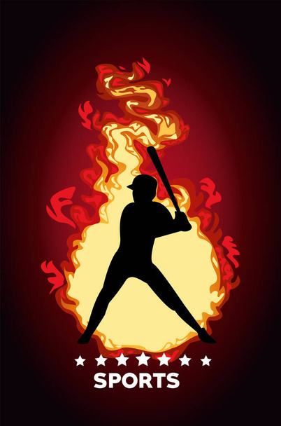 atletische man oefenen honkbal sport silhouet in brand - Vector, afbeelding