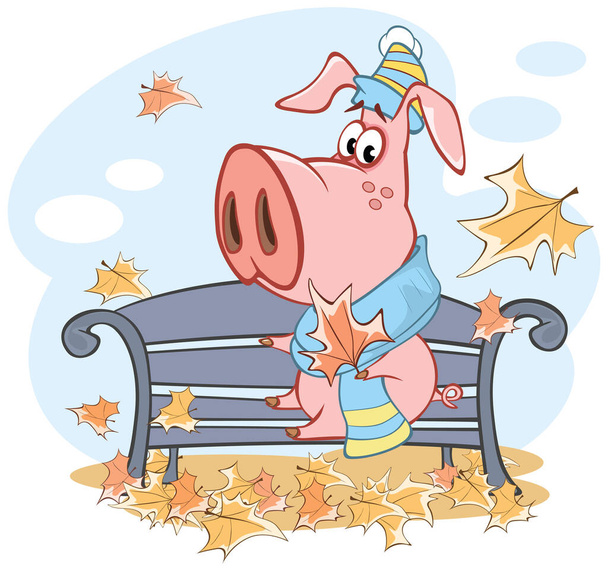 Vector Illustration of a Cute Cartoon Character Pig and Autumn - Vector, Image