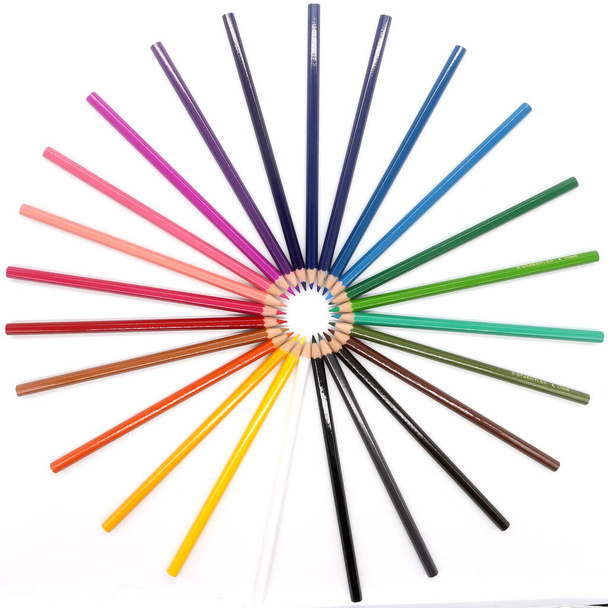 lápis coloridos sobre foco fundo branco e conceito de unidade
 - Foto, Imagem