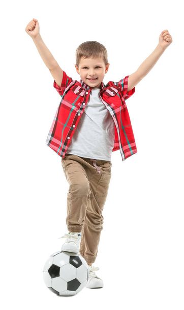 Cute little boy with soccer ball on white background - Photo, Image