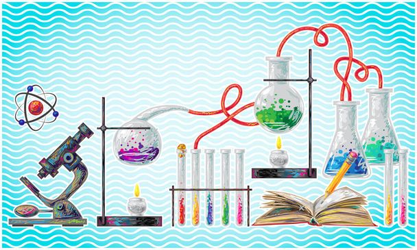 scientific laboratory elements on abstract wave background - Vector, Image