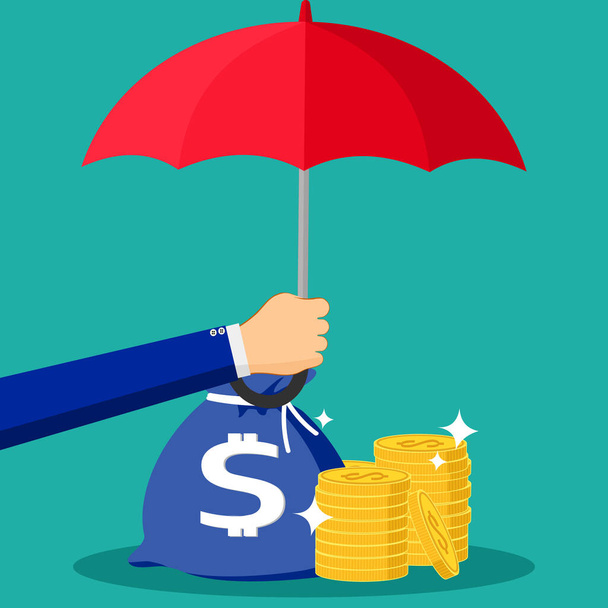 Рука тримає парасольку, щоб захистити гроші. за концепцію фінансових заощаджень. Векторні ілюстрації. епс
 - Вектор, зображення