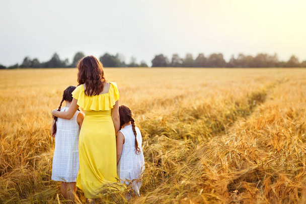 Ciężarna kobieta w żółtej sukience z córką w białych spodenkach przytula się na polu pszenicy plecami do kamery.. - Zdjęcie, obraz