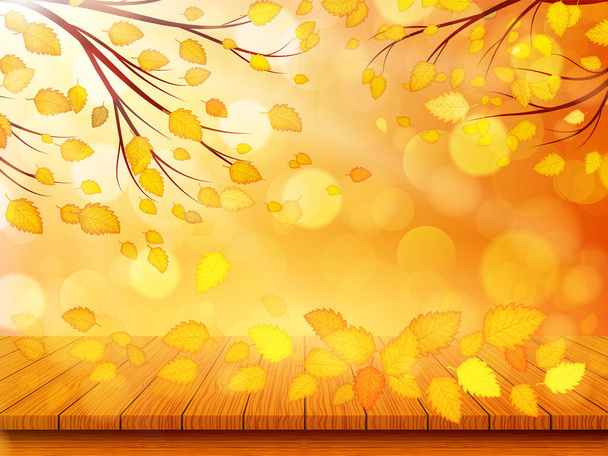 Wooden table with orange leaves. Autumn nature background. Vector illustration - Vector, Image