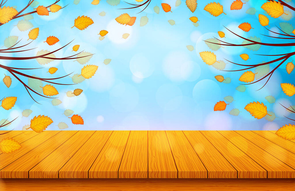 Tavolo in legno con foglie d'arancio. Autunno sfondo natura. Illustrazione vettoriale - Vettoriali, immagini