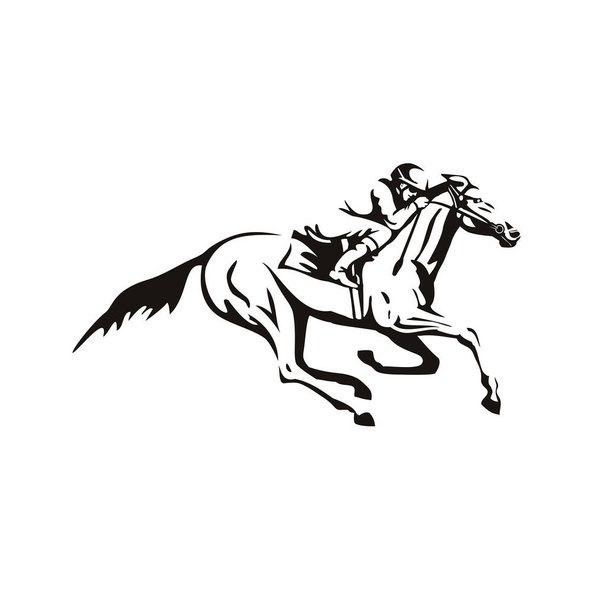 Ретро стиль иллюстрация жокея верховая езда или скачки на лошадях рассматривается сбоку на изолированном фоне в черно-белом. - Вектор,изображение