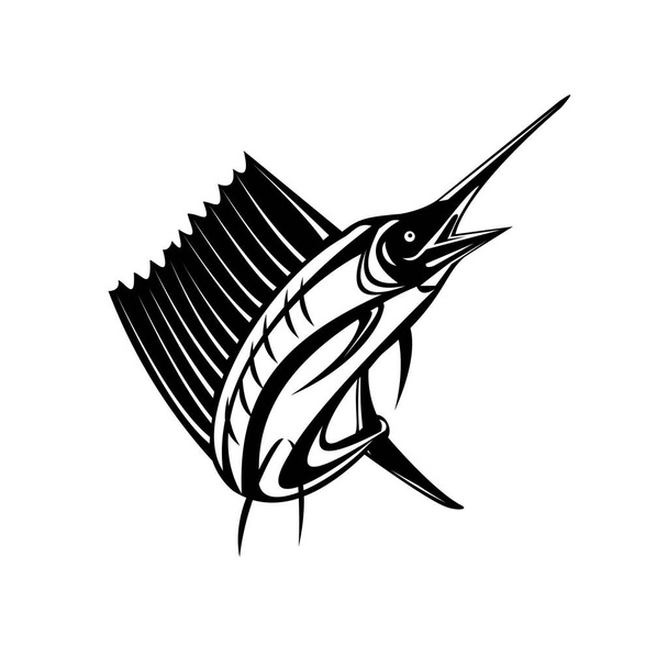 Illustrazione in stile xilografico retrò di un pesce vela atlantico o pesce vela indo-pacifico, un pesce del genere istiophorus di billfish che vive in aree fredde, saltando su uno sfondo isolato fatto in bianco e nero. - Vettoriali, immagini