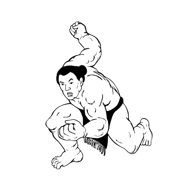 Ukiyo-e or ukiyo style illustration of a professional sumo wrestler or rikishi in fighting stance viewed from front on isolated background done in black and white. - Vector, Image