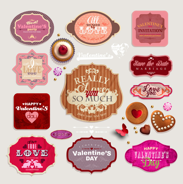 Vintage Valentijnsdag verzameling van grunge stickers, etiketten en labels - Vector, afbeelding