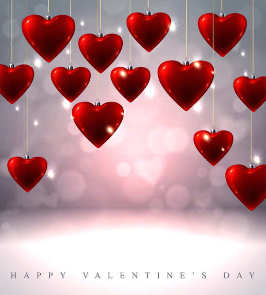 Sparkling Valentine's background with hanging red glass hearts - Vector, afbeelding