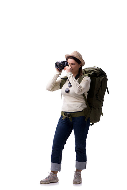 Idős női turista elszigetelt fehér - Fotó, kép