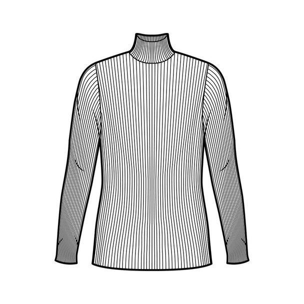 Jersey de punto acanalado cuello alto ilustración técnica de moda con mangas largas, cuerpo de gran tamaño, longitud de la túnica.  - Vector, Imagen
