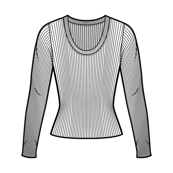 Ribbed scoop neck knit sweater technical fashion illustration with long sleeves, close-fitting shape.  - Vector, Image