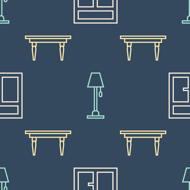 Definir linha Janela na sala, mesa de madeira e lâmpada de assoalho no padrão sem costura. Vetor
 - Vetor, Imagem