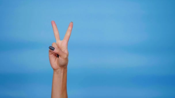 Een volwassen vrouw toont een, twee, drie, vier, vijf vingers, palm. Langzame beweging - Video