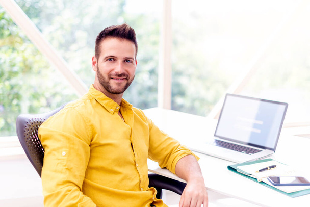 Shot of smiling businessman looking at camera while sitting at office desk and using laptop. Home office. - Zdjęcie, obraz