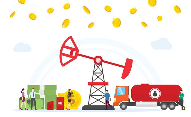 oil and gas business concept profit with oil drilling machine and money gold coin with modern flat style vector - Vector, Image