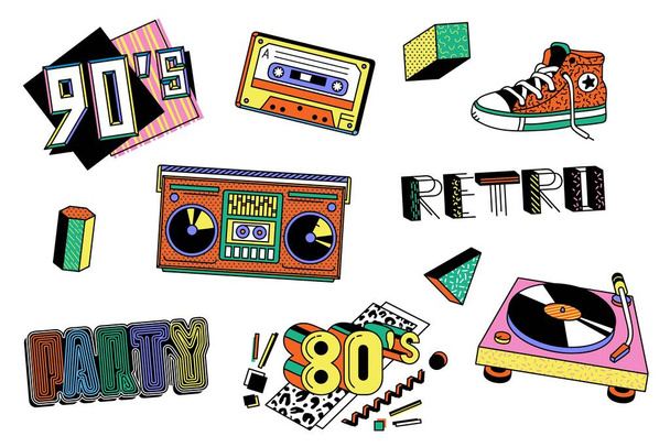 Colorful 80s and 90s sticker set - retro boombox, record player, cassette tape - Vector, Image
