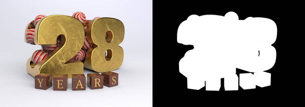 Diseño de celebración del aniversario número 28 (número veintiocho) con caramelos redondos y los años de inscripción de cubos sobre un fondo blanco con sombra y canal alfa. Ilustración 3D - Foto, imagen